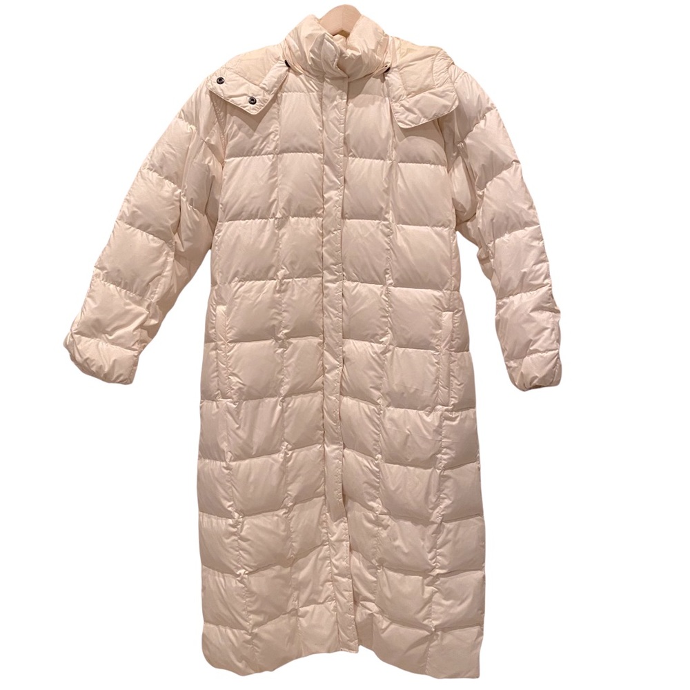 Lands End Off White Long Puffer Jacket with Hood - Size Large